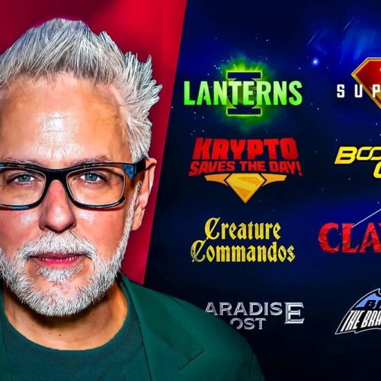 James Gunn, DCU movie and tv show logos on slate