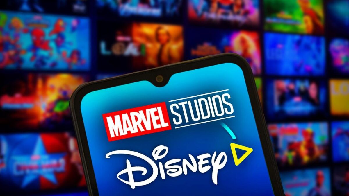 Marvel Studios and Disney Plus logos, MCU tiles in background