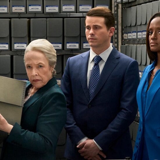 “Who Are You?” -- CBS Original Series MATLOCK, scheduled to air on Thursday, April 23 (9:01-11:00 PM, ET/PT). Pictured (L-R): Kathy Bates as “Madeline Matlock,” Jason Ritter as “Julian Markston” and Skye P. Marshall as “Olympia Lawrence.” Photo: Michael Yarish/CBS ©2026 CBS Broadcasting, Inc. All Rights Reserved.