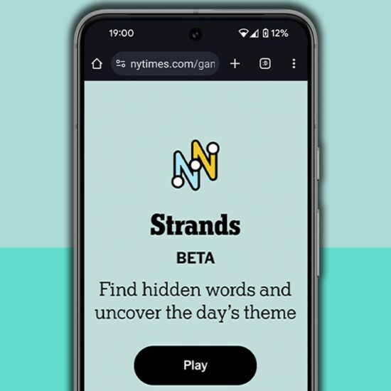 NYT Strands homescreen on a mobile phone screen, on a light blue background