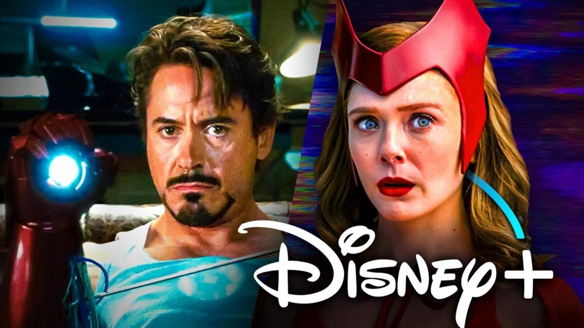 Tony Stark in Iron Man, Wanda in WandaVision, Disney Plus logo