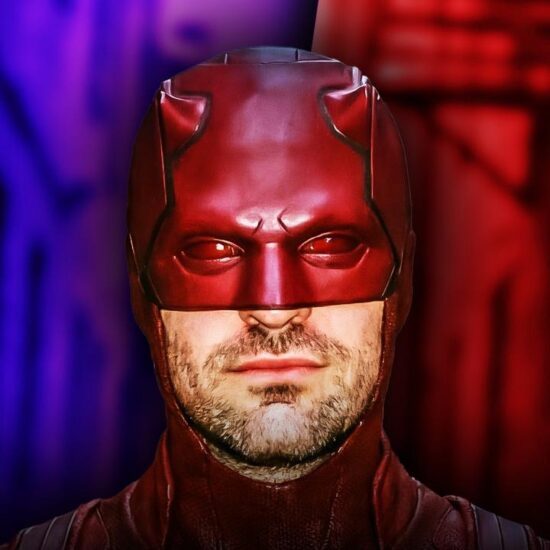 Daredevil in front of a blue and red background.
