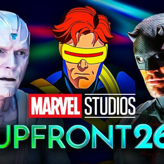 White Vision, Cyclops, Daredevil, Marvel Studios and Disney Upfront logos