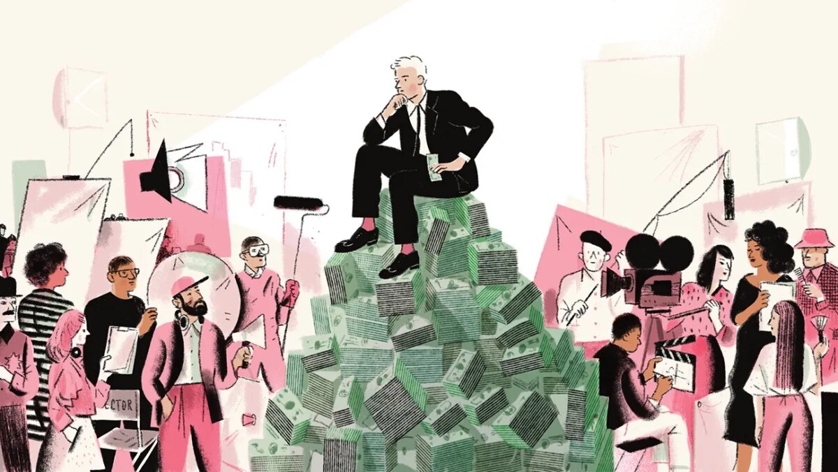 A man in a suit sitting atop a pile of cash, surrounded by cast and crew of a film production