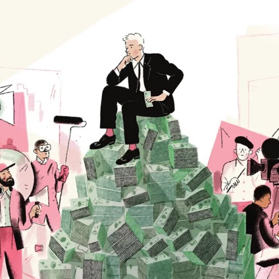 A man in a suit sitting atop a pile of cash, surrounded by cast and crew of a film production