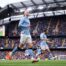 MANCHESTER, ENGLAND - MAY 09: Erling Haaland of Manchester City celebrates after scoring his sides second goal during the Premier League match between Manchester City and Brentford at Etihad Stadium on May 09, 2026 in Manchester, England. (Photo by Naomi Baker/Getty Images)