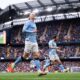 MANCHESTER, ENGLAND - MAY 09: Erling Haaland of Manchester City celebrates after scoring his sides second goal during the Premier League match between Manchester City and Brentford at Etihad Stadium on May 09, 2026 in Manchester, England. (Photo by Naomi Baker/Getty Images)