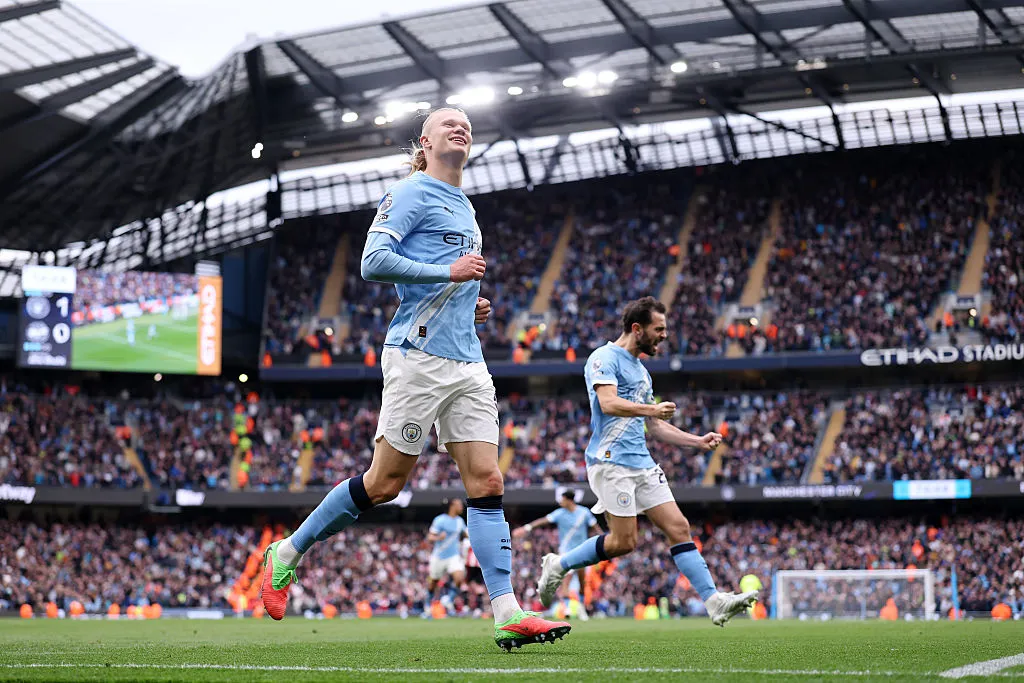 MANCHESTER, ENGLAND - MAY 09: Erling Haaland of Manchester City celebrates after scoring his sides second goal during the Premier League match between Manchester City and Brentford at Etihad Stadium on May 09, 2026 in Manchester, England. (Photo by Naomi Baker/Getty Images)