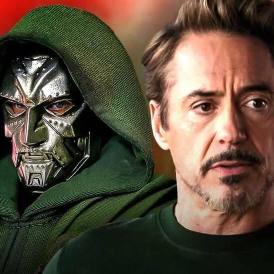 Robert Downey Jr.'s Tony Stark in front of Doctor Doom and a fiery background.