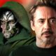 Robert Downey Jr.'s Tony Stark in front of Doctor Doom and a fiery background.