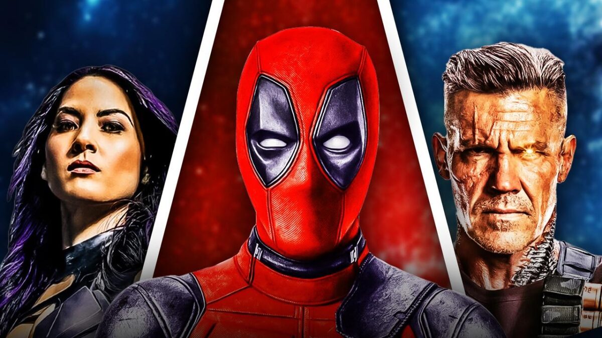 Deadpool standing between Cable and Psylocke from Fox's X-Men movies.