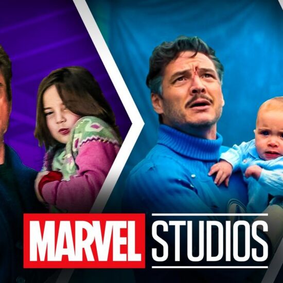Marvel Studios logo, MCU parents Tony Stark with Morgan, Reed Richards with Franklin