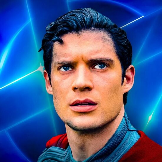 David Corenswet as Superman with glowing logo in background
