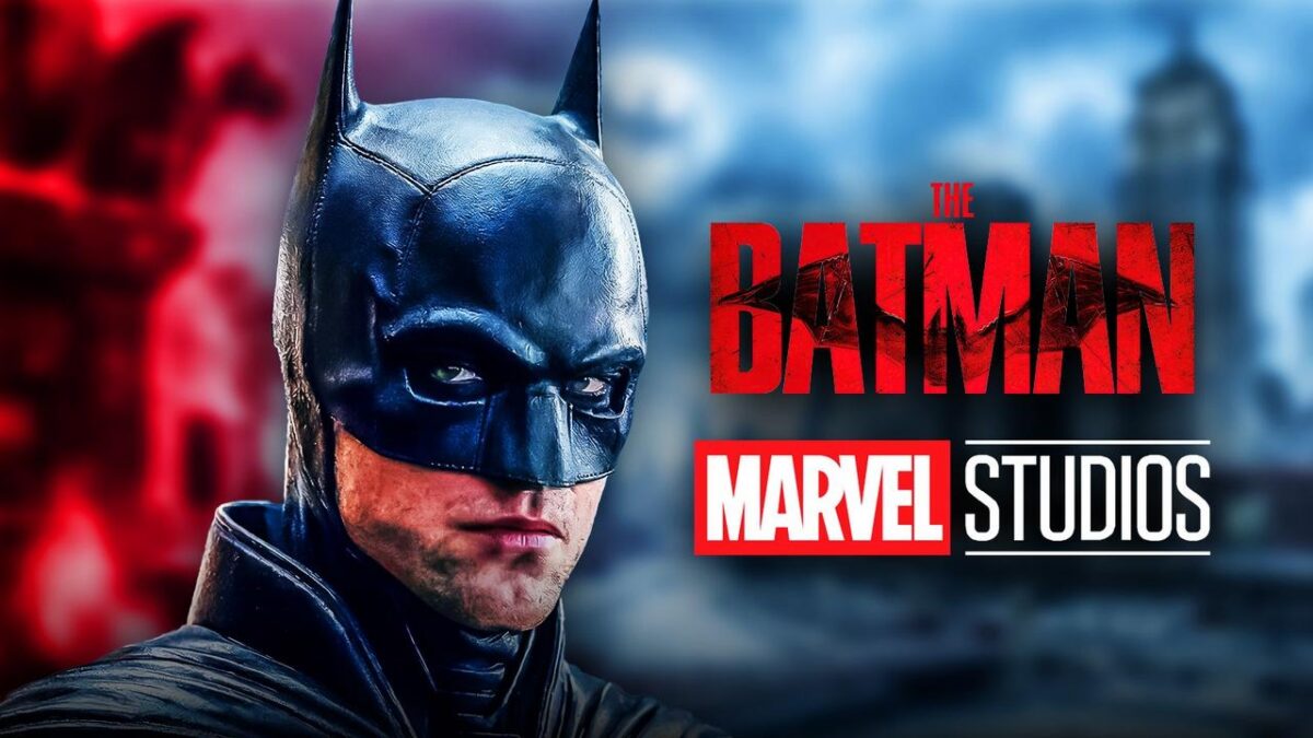 Robert Pattinson's Batman, The Batman logo, Marvel Studios logo.