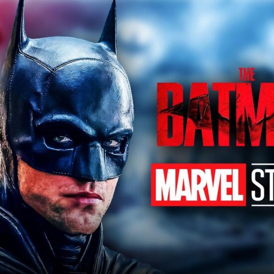 Robert Pattinson's Batman, The Batman logo, Marvel Studios logo.