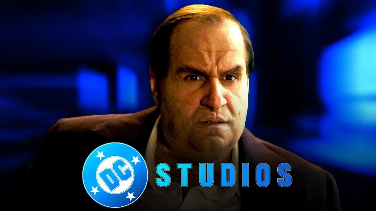 Colin Farrel as Oswald Cobblepot in The Penguin, DC Studios logo.