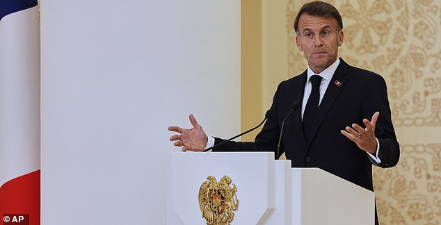 French President Emmanuel Macron addresses a media conference during the EU-Armenia summit at the Presidential Palace in Yerevan, Armenia, Tuesday, May 5, 2026. (AP Photo/Anthony Pizzoferrato)