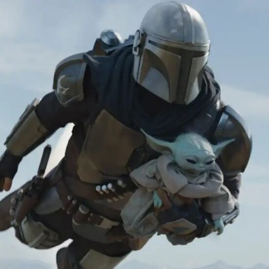 Grogu and the Mandalorian flying through the air