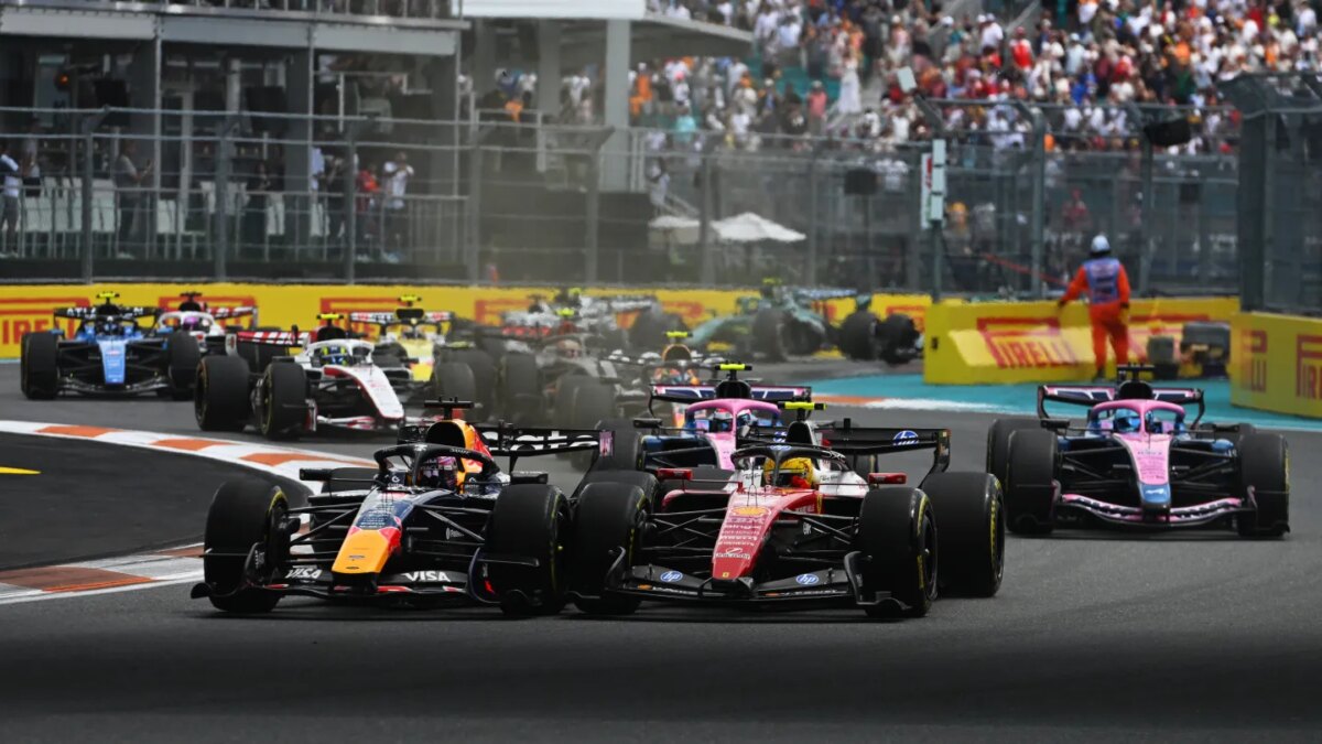 Max Verstappen driving the (3) Oracle Red Bull Racing RB22 Red Bull Ford and Lewis Hamilton driving the (44) Scuderia Ferrari SF-26 battle for track position at the start during the Sprint ahead of the F1 Grand Prix of Miami at Miami International Autodrome on May 2, 2026, in Miami, Florida.