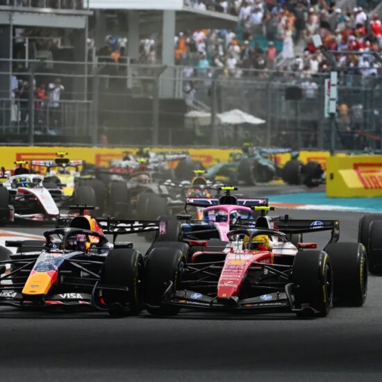 Max Verstappen driving the (3) Oracle Red Bull Racing RB22 Red Bull Ford and Lewis Hamilton driving the (44) Scuderia Ferrari SF-26 battle for track position at the start during the Sprint ahead of the F1 Grand Prix of Miami at Miami International Autodrome on May 2, 2026, in Miami, Florida.