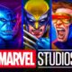 X-Men superheroes Jubilee, Beast, Wolverine, Cyclops, Rogue, Marvel Studios logo