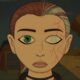Sally Face character Ashley looks into the camera. Half of her face is scarred, and one of her eyes is translucent.