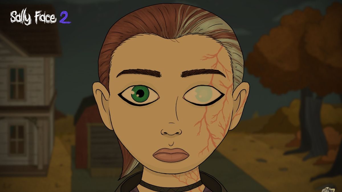 Sally Face character Ashley looks into the camera. Half of her face is scarred, and one of her eyes is translucent.