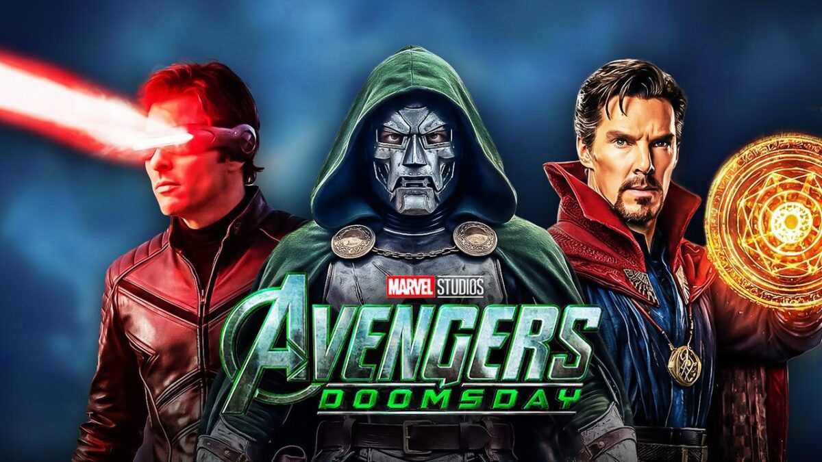 Cyclops, Doctor Doom, and Doctor Strange; Avengers: Doomsday logo.