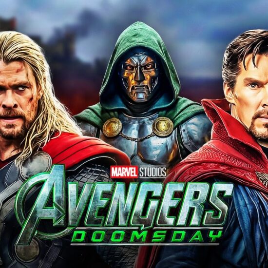Doctor Doom, Thor, and and Doctor Strange before the Avengers: Doomsday logo.