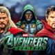Doctor Doom, Thor, and and Doctor Strange before the Avengers: Doomsday logo.