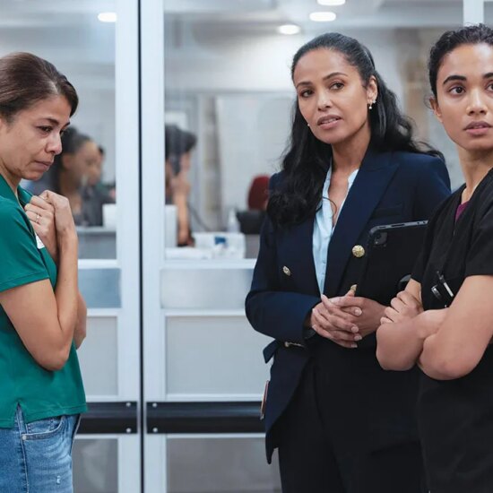 From left: Loren Escandon, Meta Golding and Supriya Ganesh in The Pitt.
