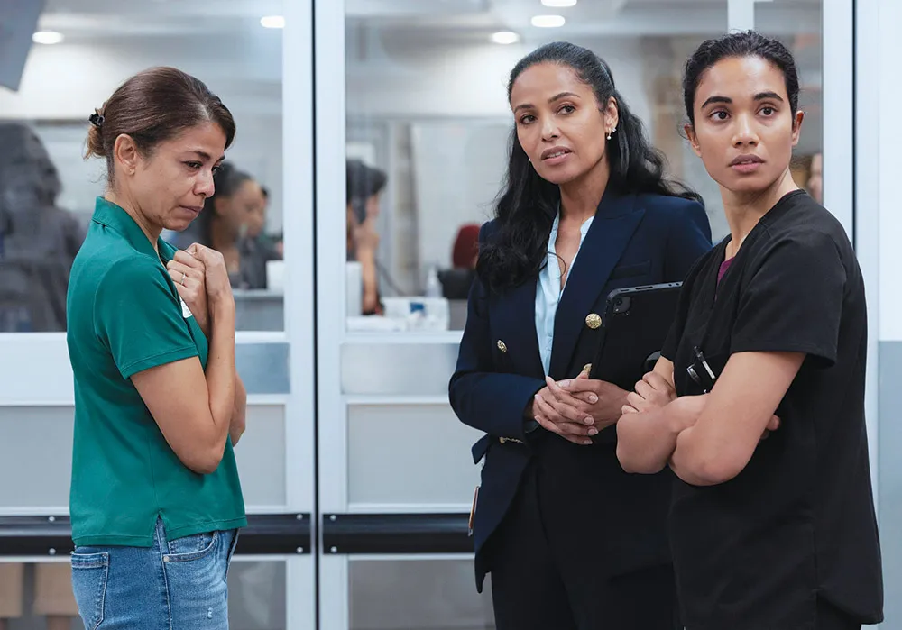From left: Loren Escandon, Meta Golding and Supriya Ganesh in The Pitt.