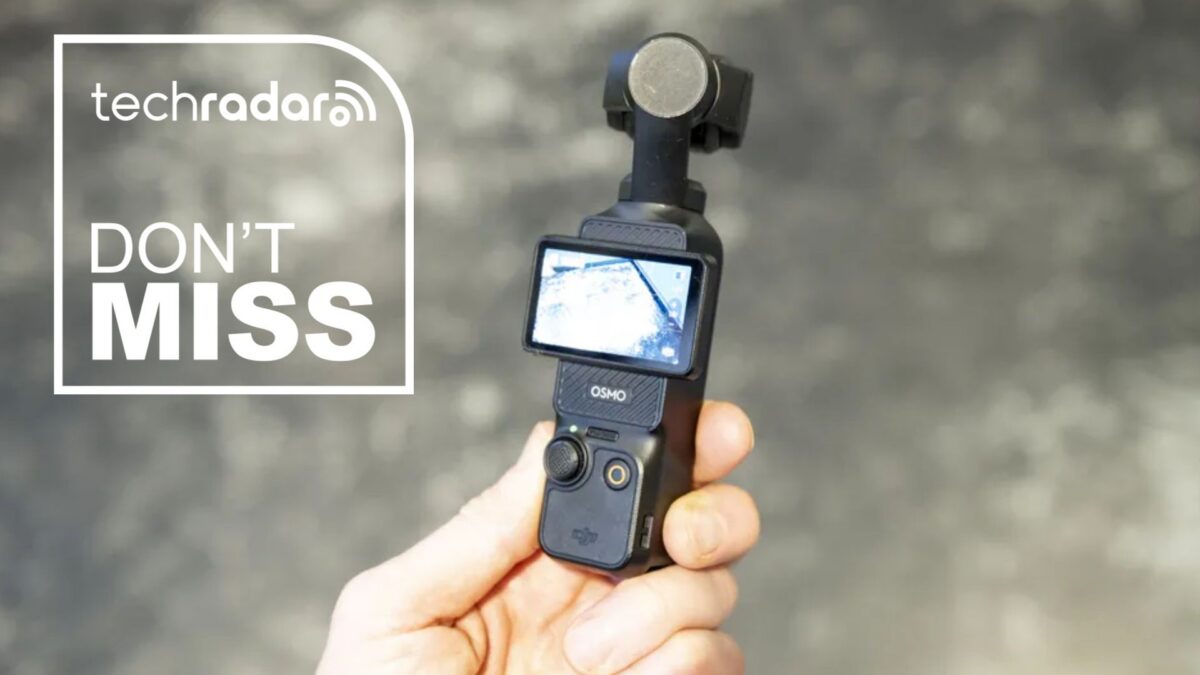 The DJI Osmo Pocket 3 during our testing, next to a white TechRadar badge that reads 'Don't Miss'