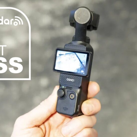 The DJI Osmo Pocket 3 during our testing, next to a white TechRadar badge that reads 'Don't Miss' 