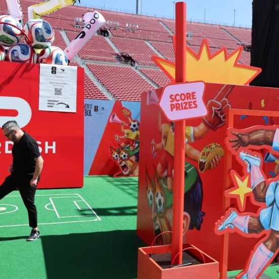 Carlos Maciel, a TikTok content creator, at the DoorDash booth during a preview of the FIFA Fan Festival Los Angeles ahead of the kickoff for FIFA World Cup 2026 at Los Angeles Memorial Coliseum on June 10, 2026.