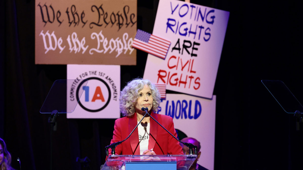 Jane Fonda speaks onstage during the Committee for the First Amendment Concert on June 14, 2026 in New York City.