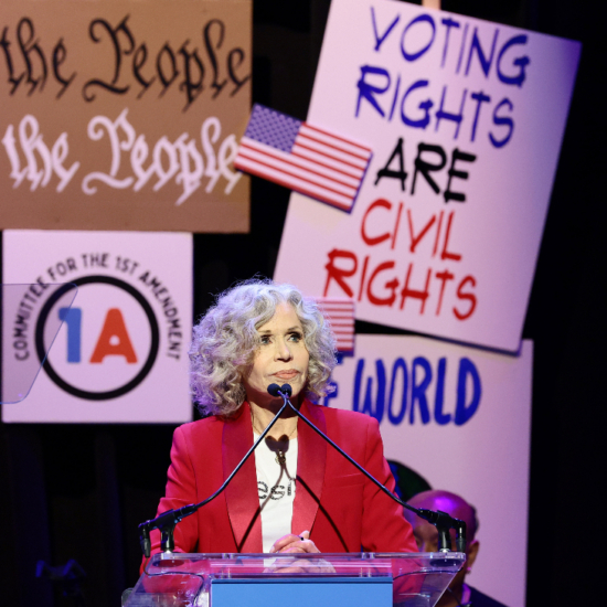 Jane Fonda speaks onstage during the Committee for the First Amendment Concert on June 14, 2026 in New York City.