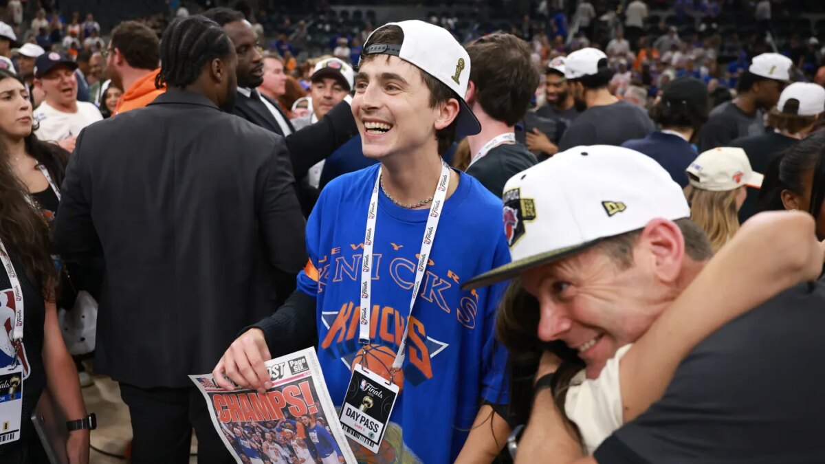 Timothée Chalamet celebrating as the New York Knicks win the 2026 NBA Finals.