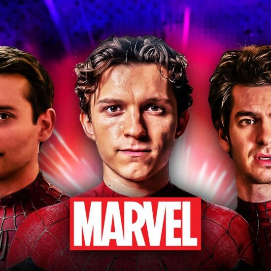 Tobey Maguire, Tom Holland, Andrew Garfield as Spider-Man; Marvel Studios Logo.