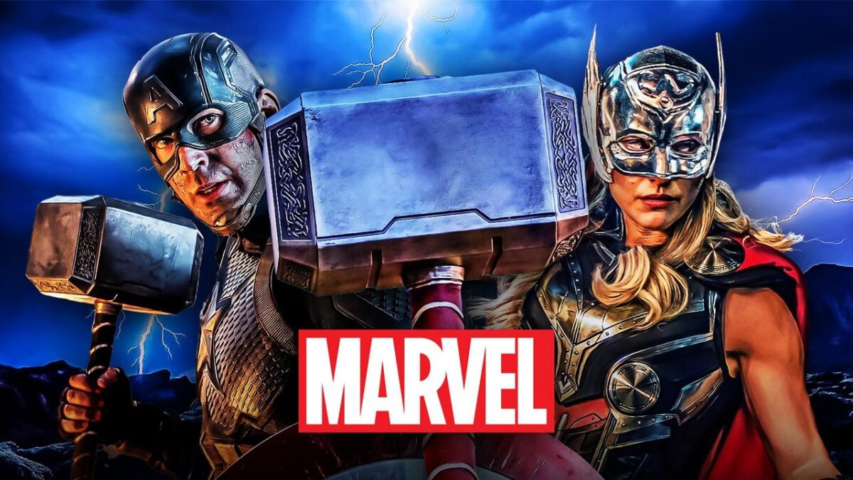 Captain America, Jane Foster, Mjolnir, Marvel logo.