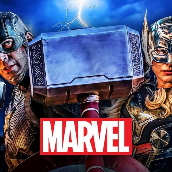 Captain America, Jane Foster, Mjolnir, Marvel logo.