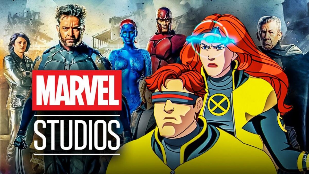 X-Men 97 characters Cyclops and Jean Grey alongside live-action mutants.