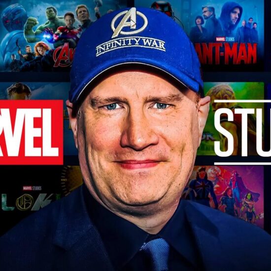 Marvel Studios logo, MCU movie posters in background, Kevin Feige