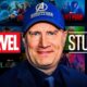 Marvel Studios logo, MCU movie posters in background, Kevin Feige