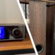 The WiiM Amp Ultra on a shelf, with a colorful image on its screen, and the Dali Oberon 5