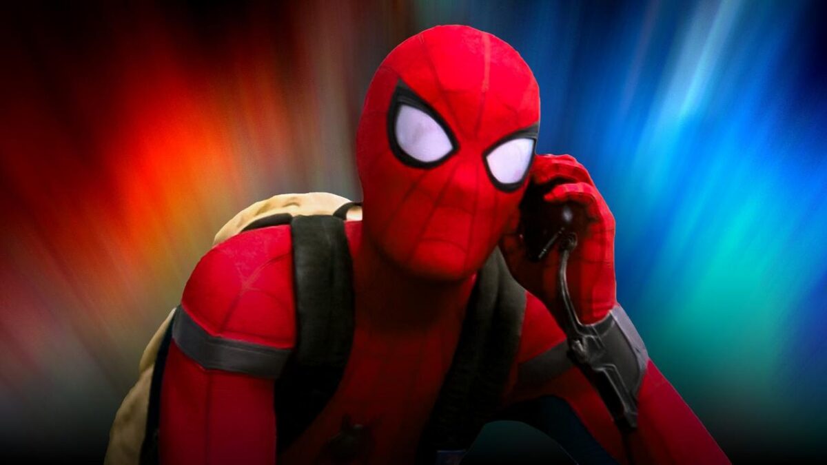 Spider-Man with a backpack and cellphone from 'Spider-Man: Homecoming.'