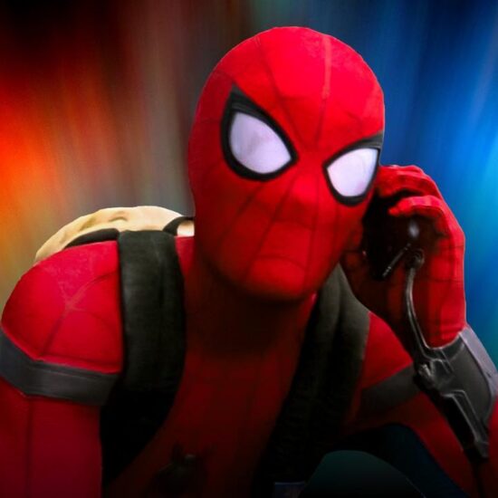 Spider-Man with a backpack and cellphone from 'Spider-Man: Homecoming.'