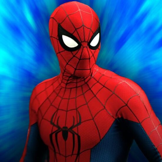 Tom Holland Spider-Man in Brand New Day with blue background.