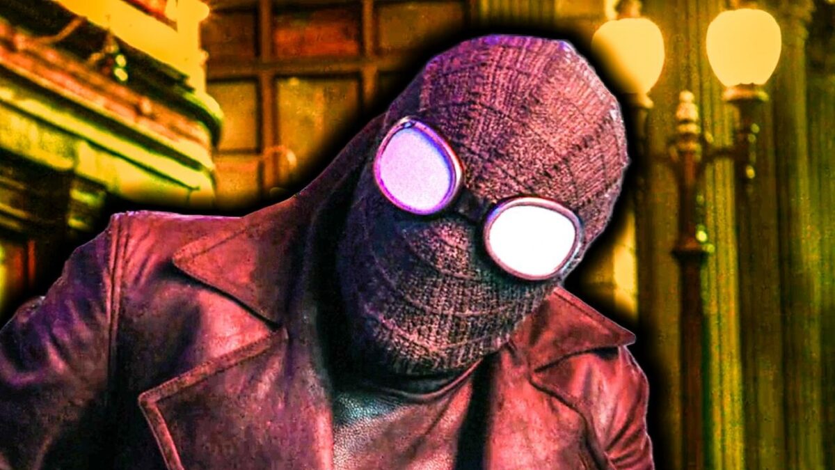 Live-action Spider-Noir looking at a villain.
