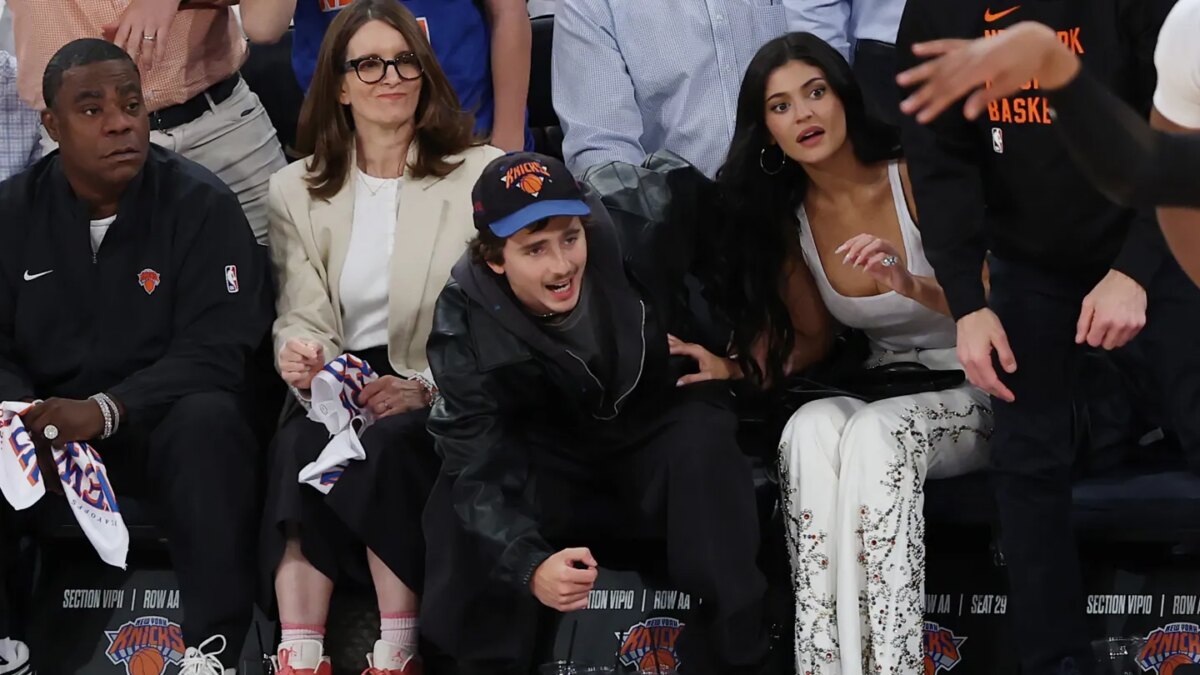 Tracy Morgan, Tina Fey, Timothée Chalamet and Kylie Jenner attend Game Five of the Eastern Conference First Round NBA Playoffs between the Atlanta Hawks and the New York Knicks at Madison Square Garden on April 28, 2026 in New York City.